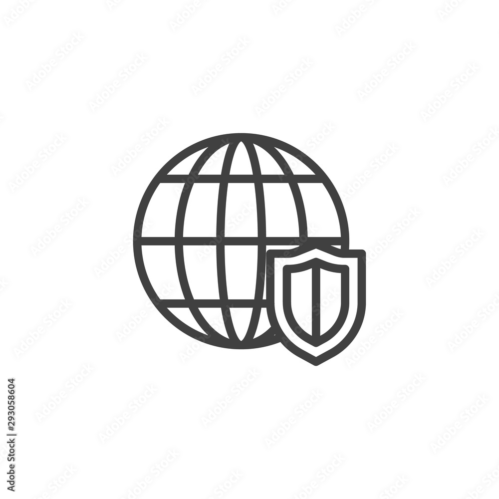 Data security line icon. linear style sign for mobile concept and web design. Globe with security shield outline vector icon. Symbol, logo illustration. Vector graphics Data security line icon. linear style sign for mobile concept and web design. Globe with security shield outline vector icon. Symbol, logo illustration. Vector graphics