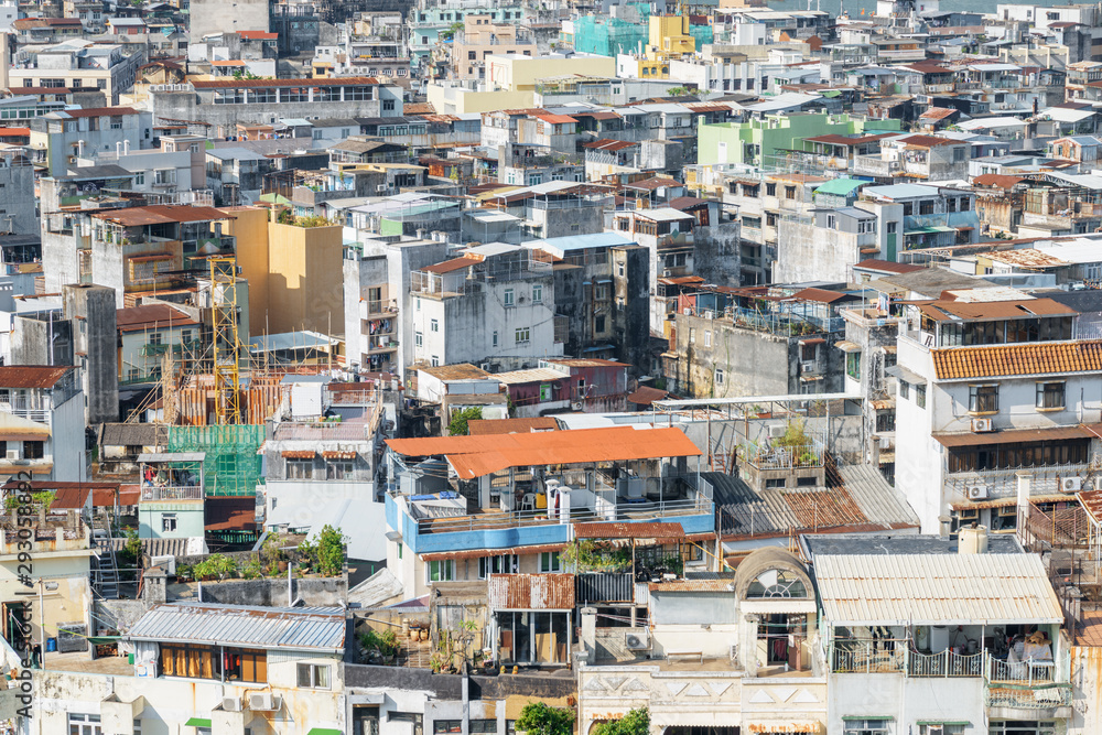 Scenic aerial view of old residential buildings in Macau