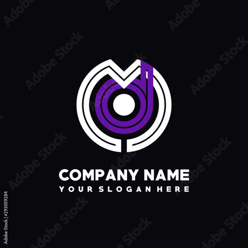 initial letter MD logo, round logo white, purple lowercase letters
