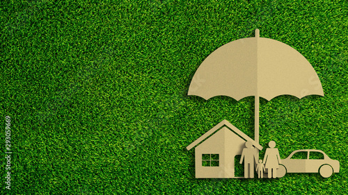 Paper cut of insurance concept on green grass background. Car insurance, life insurance, home insurance to protection by umbrella. photo