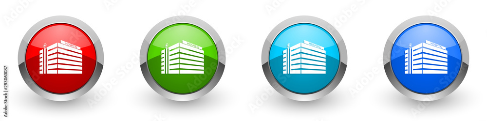 Hospital building silver metallic glossy icons, red, set of modern design buttons for web, internet and mobile applications in four colors options isolated on white background Hospital building silver metallic glossy icons, red, set of modern design buttons for web, internet and mobile applications in four colors options isolated on white background