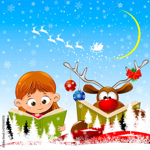 Baby girl and reindeer read books for Christmas. Little girl and a deer with a book in their hands. Christmas scene. Santa on a sleigh with deers. Winter night, snowflakes and snowy forest