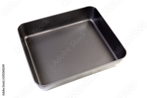 Empty rectangular nonstick oven tray on a white background