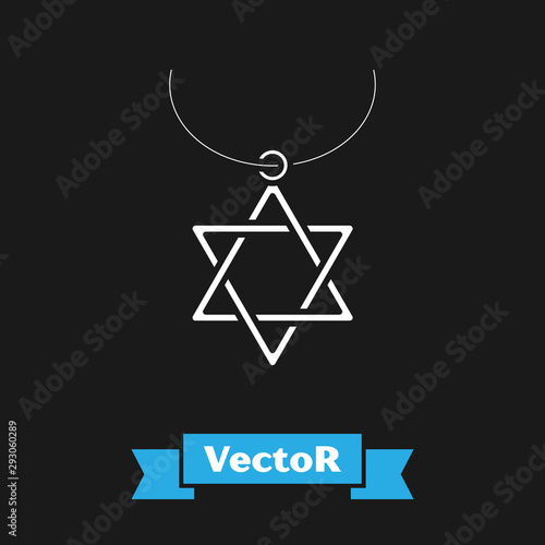White Star of David necklace on chain icon isolated on black background. Jewish religion symbol. Symbol of Israel. Jewellery and accessory. Vector Illustration