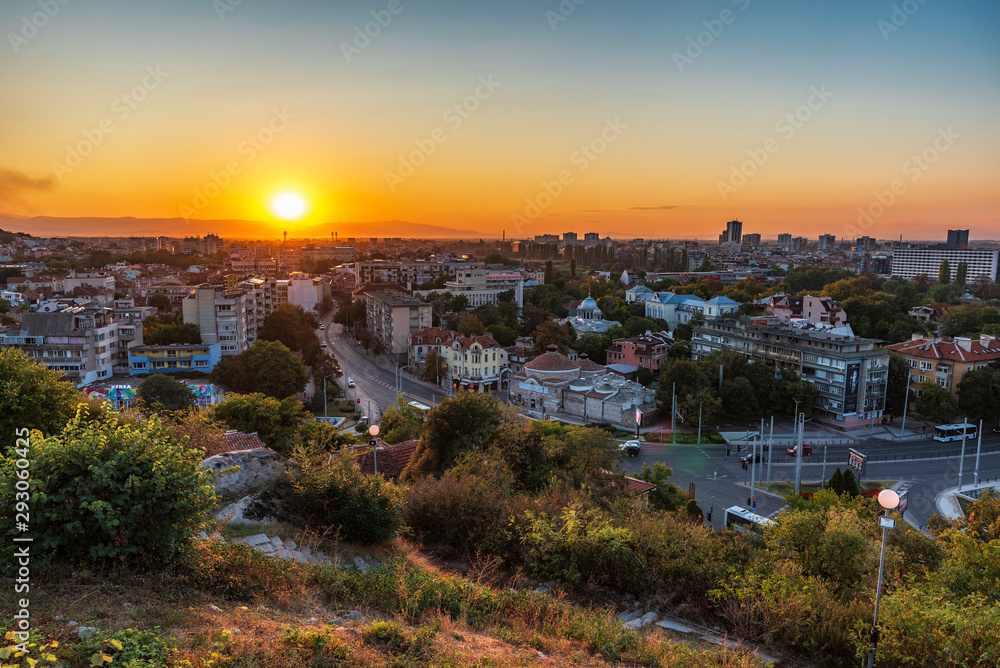 Autumn sunset view over Plovdiv city, Bulgaria. European capital of culture 2019 and the oldest living city in Europe. Photo from one of the hills in the city.