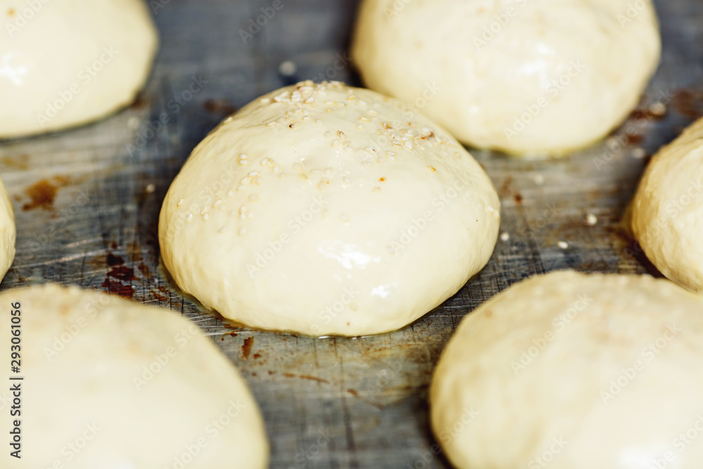 close-up shots of raw round buns with sesame seeds lie on metal pan. close-up shots of raw round buns with sesame seeds lie on metal pan.