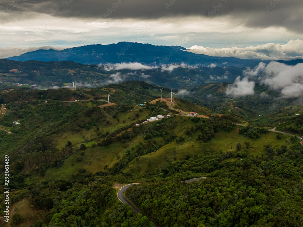 Beautiful aerial view of the renewable energy Windmills in Costa Rica