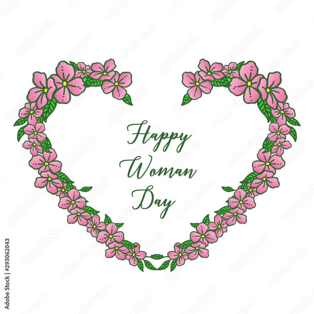 Card of happy woman day, with pink wreath frame background and green leaves. Vector