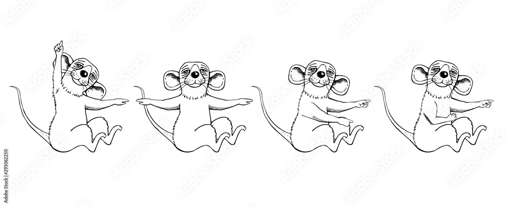 Image of a rat cartoon sketch. The rat is sitting. Hand movement. Set.