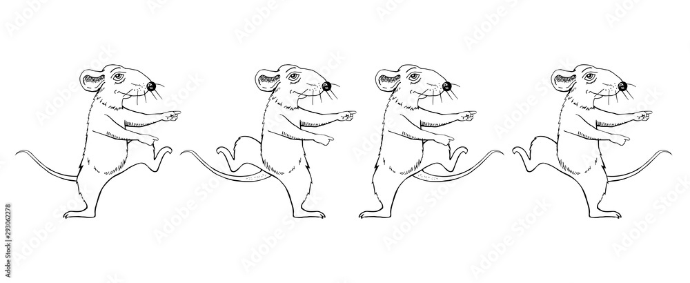 Cartoon rat image sketch. holiday. jumping. dance. set.