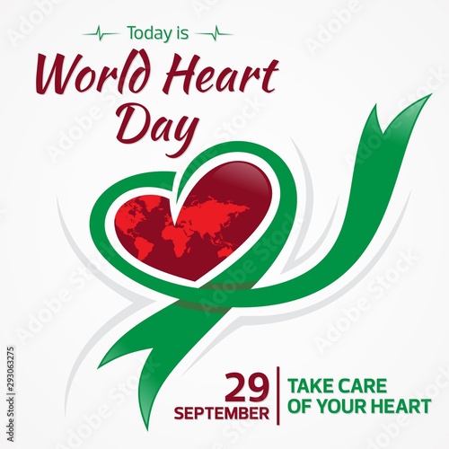 Today is World Heart Day 29 september greeting card with graphic heart and ribbon
