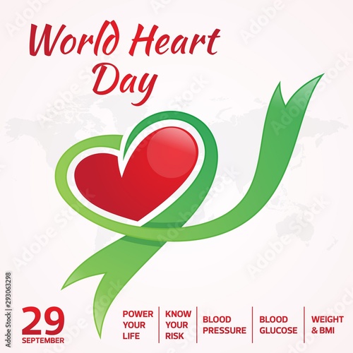 Today is World Heart Day greeting card with graphic map and heart ribbon
