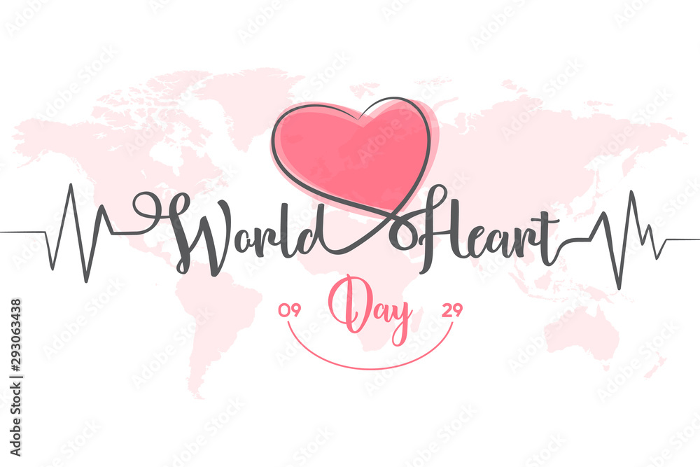 World Heart Day abstract letter line heart and cardio pulse trace on globe