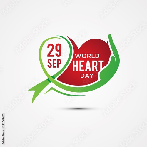 World Heart Day greeting card with graphic element heart, ribbon and hand