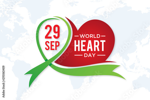 World Heart Day greeting card with graphic element heart and ribbon