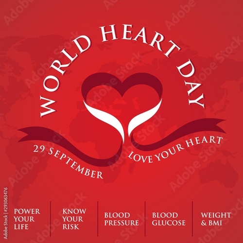 World Heart Day greeting card with graphic heart ribbon