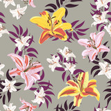 Lily flower seamless pattern on gray background, White, Pink and Yellow lily floral vector illustration