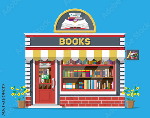 Bookstore shop exterior. Books shop brick building. Education or library market. Books in shop window on shelves. Street shop  mall  market  boutique facade. Vector flat style illustration.