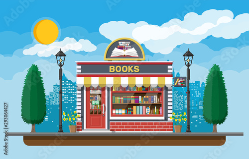Bookstore shop exterior. Books shop brick building. Education or library market. Books in shop window on shelves. Street shop, mall, market facade. Nature outdoor cityscape. Flat vector illustration photo