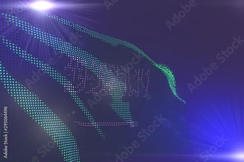 pretty digital colorful photo of Saudi Arabia flag made of dots waving on purple with space for text - any feast flag 3d illustration..