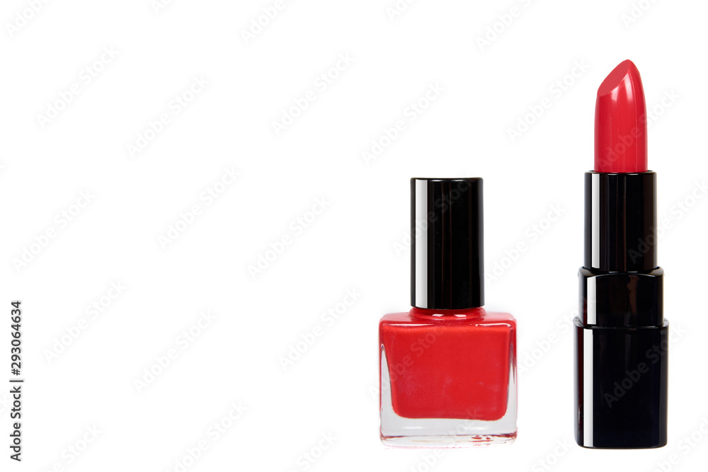 Red lipstick in black tube and nail polish bottle, beauty and care. Red lipstick in black tube and nail polish bottle, beauty and care.