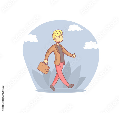 Cheerful Businessman Walking with Briefcase  Young Man Daily Activity Cartoon Vector Illustration