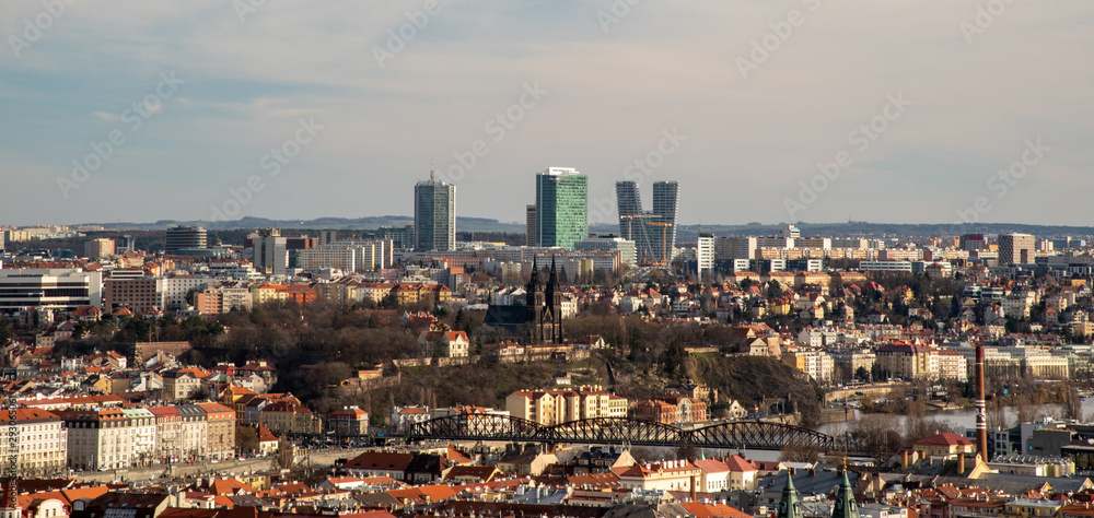 Praha city panorama from upper part of Zahrada Kinskych public park in Czech republic