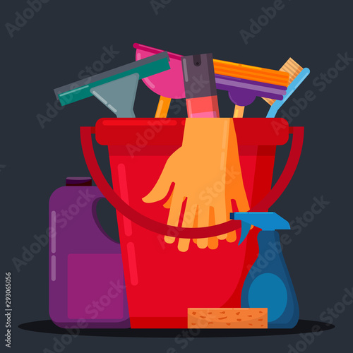 Set of house cleaning tools with bucket