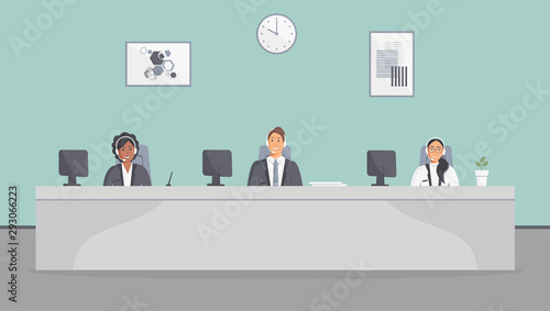 Call center office. Assistants team with headphones sitting at table with monitors.Flat vector illustration. Customer care operators, guy and girls with smiling faces. Online support service agents