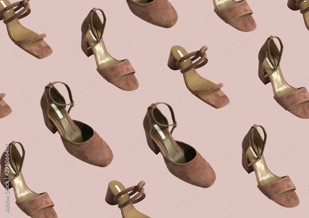Female shoes pattern on pink background, isolated. Pattern of brown suede  shoes over pink background, top view. Women leather flat sandals. Stylish  female shoes on pastel background фотография Stock | Adobe Stock