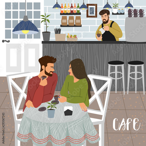 Cafe. People at a table in a trendy coffee house and barista in the background behind the bar in the interior. Couple talk and drink coffee. Vector cute illustration in flat style.