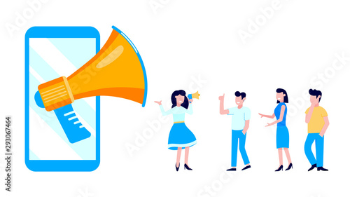 Refer a friend flat style design vector illustration isolated on white background. Woman with megaphone shout out to the people, man with thumb up and smartphone with megaphone