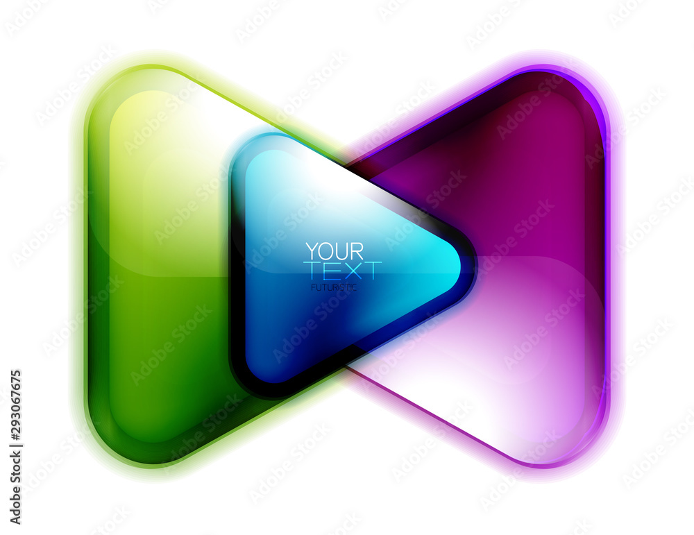Glass triangle banner or logo design with space for text or logotype presentation isolated on white. Futuristic button with bright neon colors, hi-tech digital concept Glass triangle banner or logo design with space for text or logotype presentation isolated on white. Futuristic button with bright neon colors, hi-tech digital concept
