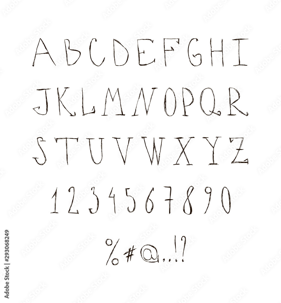 Original hand drawn font, numbers and signs. Vector black and white isolated illustration. Original hand drawn font, numbers and signs. Vector black and white isolated illustration.