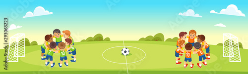 Children s Football Team on the Pitch. Boys in green and orange Soccer Kits Standing Together on the Football Field. Motivated Young soccer players. Vector cartoon illustration.