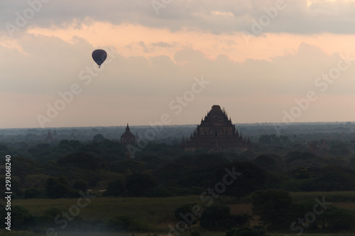 Dawn over the ancient Pagan city, Myanmar. The view from the top of Shwesandaw Temple. View of Dhammayangyi Temple.