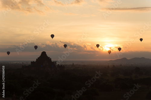 Dawn over the ancient Pagan city  Myanmar. The view from the top of Shwesandaw Temple.  View of Dhammayangyi Temple.