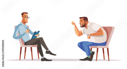 Reception of psychotherapist. Businessman and psychologist. Man is sitting on couch and talking to the psychologist while doctor is making notes. Vector illustration.