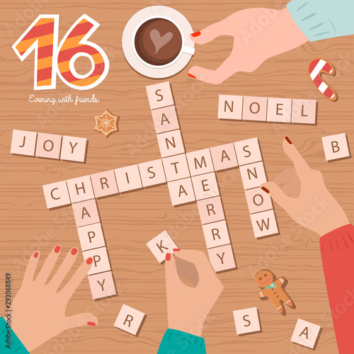 Christmas Advent Calendar, Day 16. Spend evening time with friends, Play the game "Scrabble". Top view process. Lifestyle Vector Illustration.