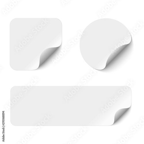 Blank adhesive stickers mock up with curved corner. Mockup empty sticky label.
