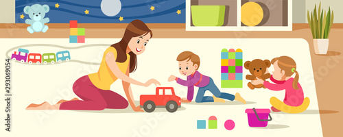Children s creativity. Mother And Children Playing With toys in the playroom. Concept motherhood child-rearing. Vector cartoon illustration. © Bahauaddinbek