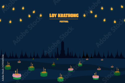floating flowers loy kratong thailand festival full super moon background night and temple scene celebration culture with copy space photo