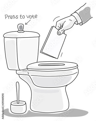 Press to vote. Voting person putting his ballot paper in a toilet bowl, black and white outline vector illustration