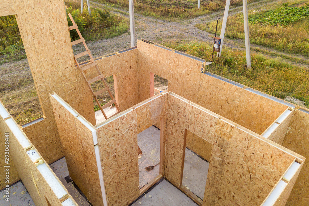Construction of new and modern modular house. Walls made from composite