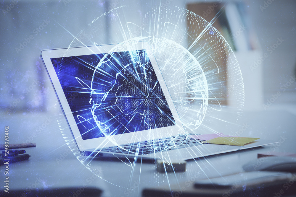 Multi exposure of business theme icons and table with computer background. Concept of success. Multi exposure of business theme icons and table with computer background. Concept of success.