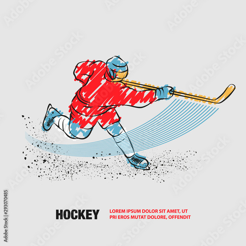 Hockey player shoots the puck with a hockey stick. Vector outline of hockey player with scribble doodles.