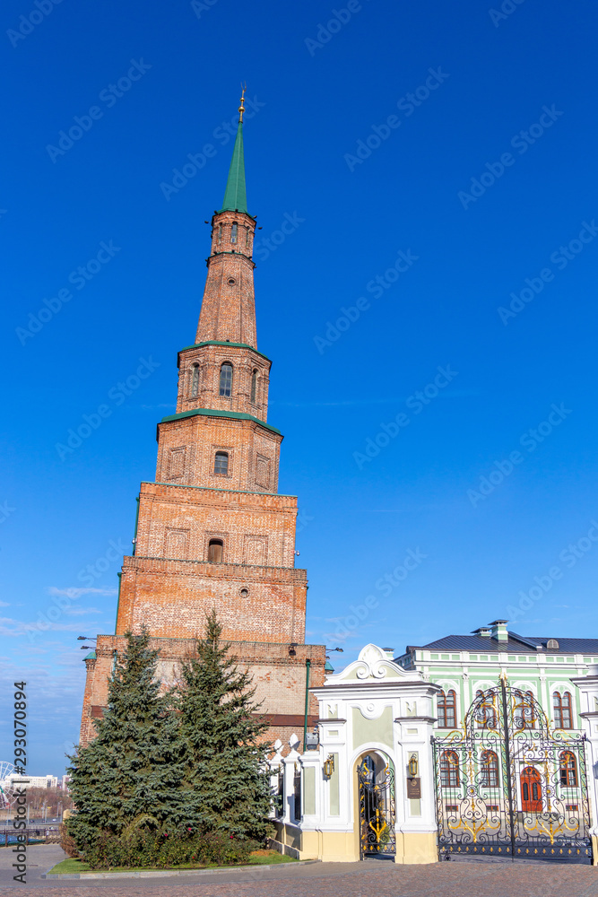 The leaning tower (Syuyumbike) in the Kazan Kremlin. Kazan city, Tatarstan republic, Russia.