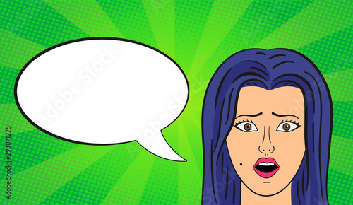 Pop art illustration of a surprised (or scared) girl with purplre hair and lipstick. Woman with open mouth and clear speech bubble fot text and title on a green background. Vector illustration