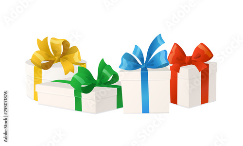 Cartoon gift boxes with bows isolated on white background, vector illustration.