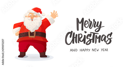 Merry Christmas card. Funny cartoon Santa Claus smiling and waving